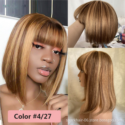 Vendor Wholesale P4/27 Highlight Human Hair Straight Bob Wig With Bangs 1B Curly Bob Machine Made Wigs 613Blonde Wigs With Bang
